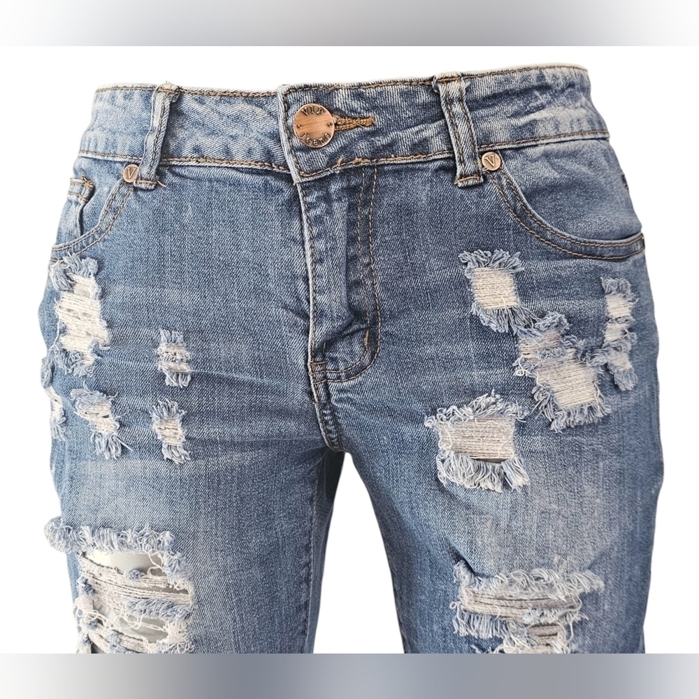 VIP Jeans Junior Size 5/6 Destroyed Acid Wash Skinny Lowrise Crop Jeans - Picture 2 of 6